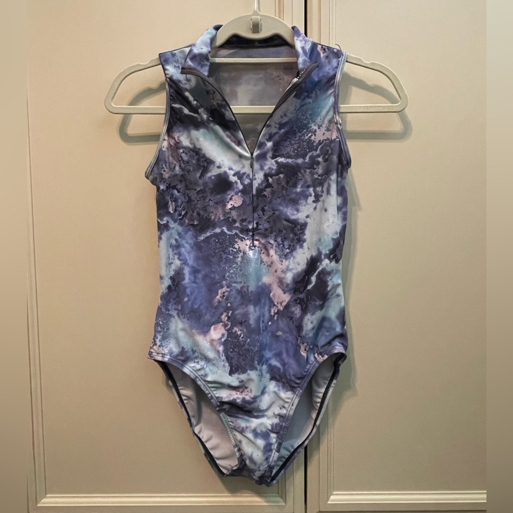 Blue/pink space dye Natalie leotard with zip high neck and mesh back